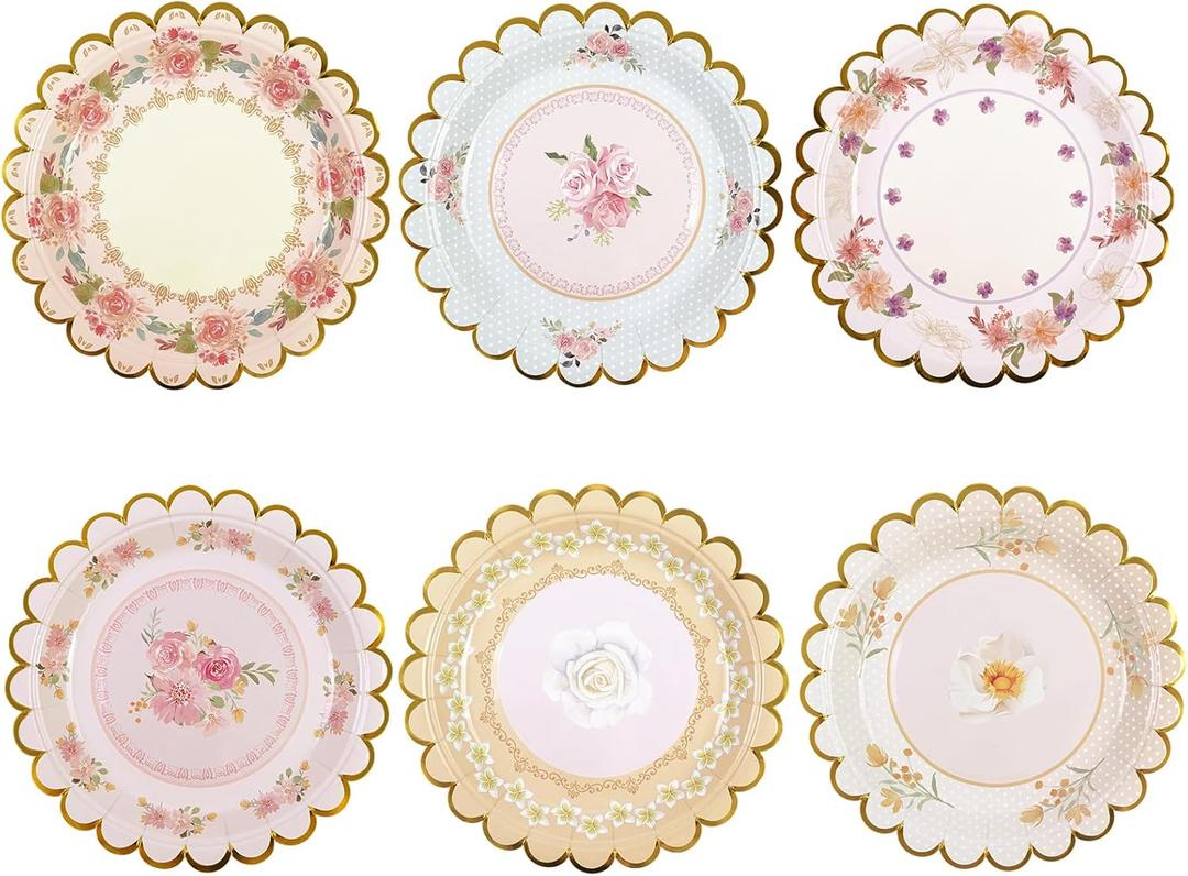 48 PCS Vintage Floral Paper Plates 7 inch, Scalloped Flower Tea Party Plates Disposable Cake Dessert Plate for Birthday Bridal Shower Baby Shower Wedding Party Decorations (Floral)
