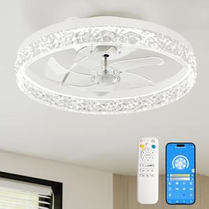 CubiCubi Ceiling Fans with Lights and Remote, 20 Inch Crystal Style Flush Mount Low Profile LED Fan Light with APP, Ultra Quiet Modern Fandelier with 3CCT and 6 Wind Speeds, for Bedroom, Home Office
