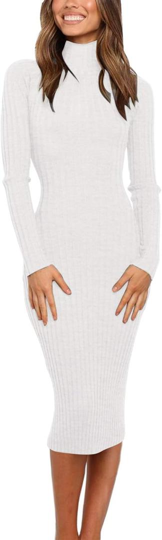 MEROKEETY Women's 2024 Ribbed Long Sleeve Sweater Dress High Neck Slim Fit Knitted Midi Dress (Large, White)