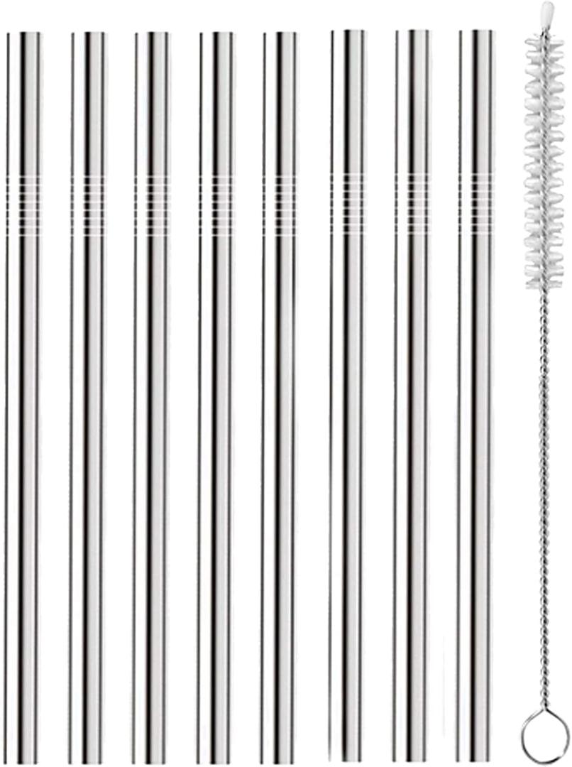 OGGI Set of 8 Wide Stainless Steel Drinking Straws- 5" Reusable Bar Straws & Cleaner Brush, Ideal Cocktail Straw, Make Great Gifts