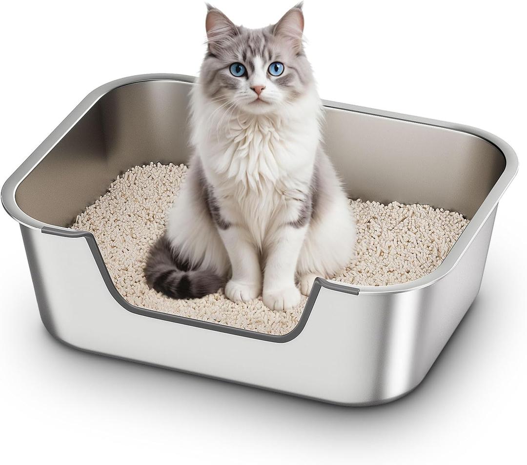 Qiuma Stainless Steel Cat Litter Box with Low Entry, Metal Kitty Litter Box for Senior or Injured Cats, Odor-Free, Non-Stick, Easy to Clean, 17.5"x13.6"x5.9", Litter Pan for Medium and Small Cats