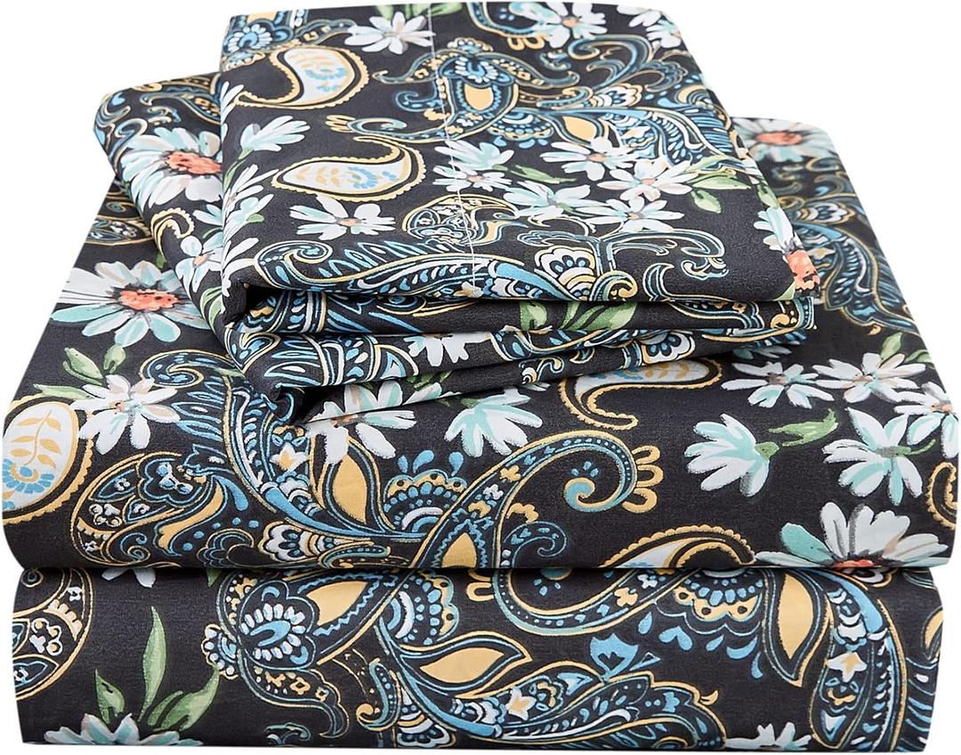 JSD Black Paisley Floral Printed Sheet Set King Size, 4 Piece Soft Pattern Microfiber Sheets Extra Deep Pocket