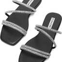 STUNAHOME Women's Rhinestone Thong Flat Sandals Open Toe Slide Sandals with Square Toe Bling Strap (7, Black)