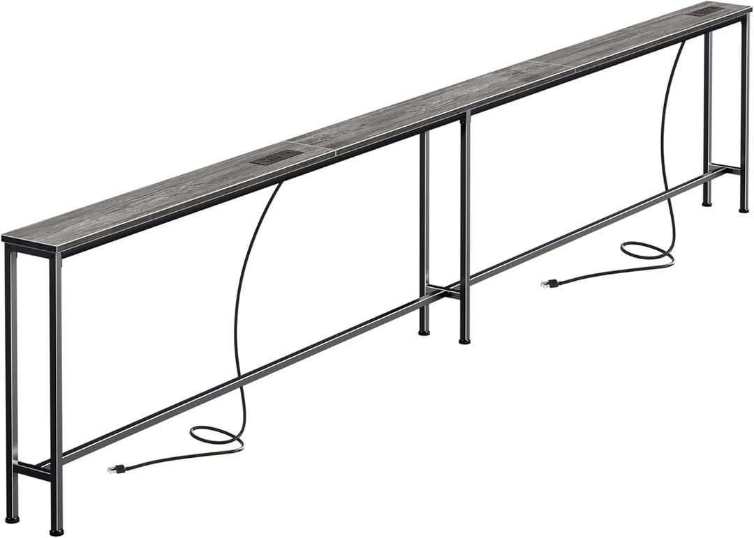 SUPERJARE 110.2 Inch Sofa Table with 2 Power Outlets and USB-C Port, 5.9 Inch Narrow Console Table with Storage, Extra-Long, for Entryway Hallway Couch Behind Sofa, Small Spaces, Grey