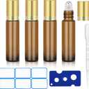 4 Pack of 0.34 Oz (10ml) Essential Oil Roller Bottles - Refillable, Leak-proof Amber Glass Roll-on Bottles with Stainless Steel Roller Balls, Metal Caps, and Labels Included