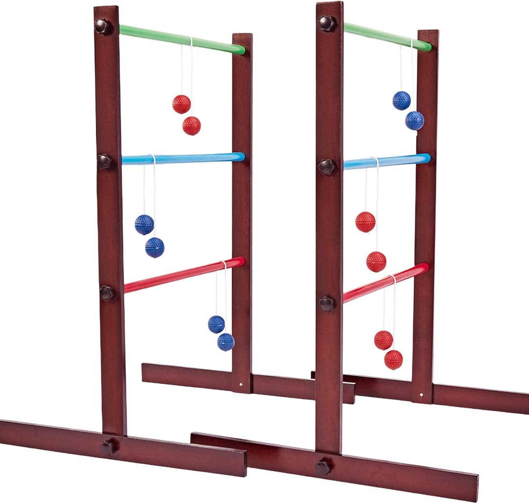 Ladder Ball Game Set - Premium Rubber Wooden Golf Lawn Sport with 6 Bolo Balls and Carrying Case, Perfect Outdoor Yard Games for Teens, Adults and Families
