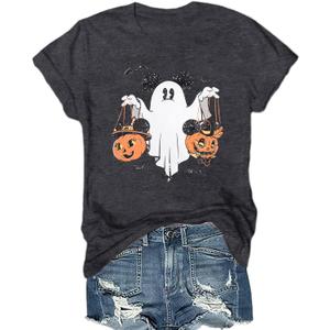 Halloween Shirts Pumpkin Shirt Women: Cute Ghost Shirt Casual Fall Halloween Spooky Season Graphic Short Sleeve Tee Tops (Large, Gray)