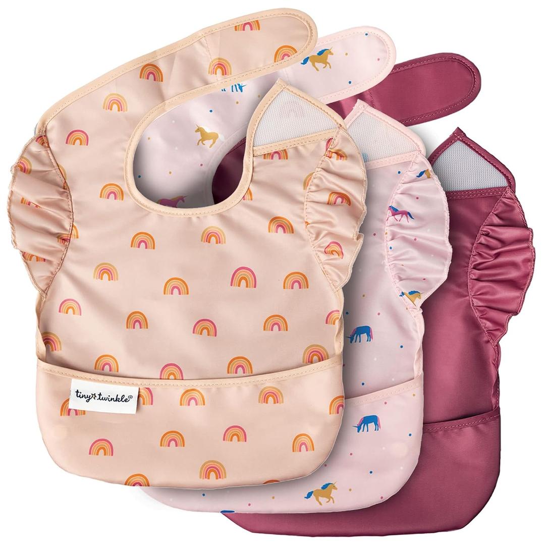 Tiny Twinkle Mess-Proof Baby Bibs for Eating | Waterproof, Wipeable Toddler Bibs with Catch-All Pocket | Feeding Bibs for Girls & Boys(3 Pack,Unicorn)