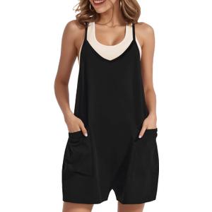 Buauty Women's Casual Rompers Summer Sleeveless Jumpsuits Loose Spaghetti Strap Shorts Trendy 2024 Overalls With Pockets (Large, Jet Black)