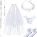 Funtery 6 Pcs First Communion Veils Girls Catholic Set 1st Communion Wreath Veil Headpiece Sock Necklace Bracelet Kid Wedding