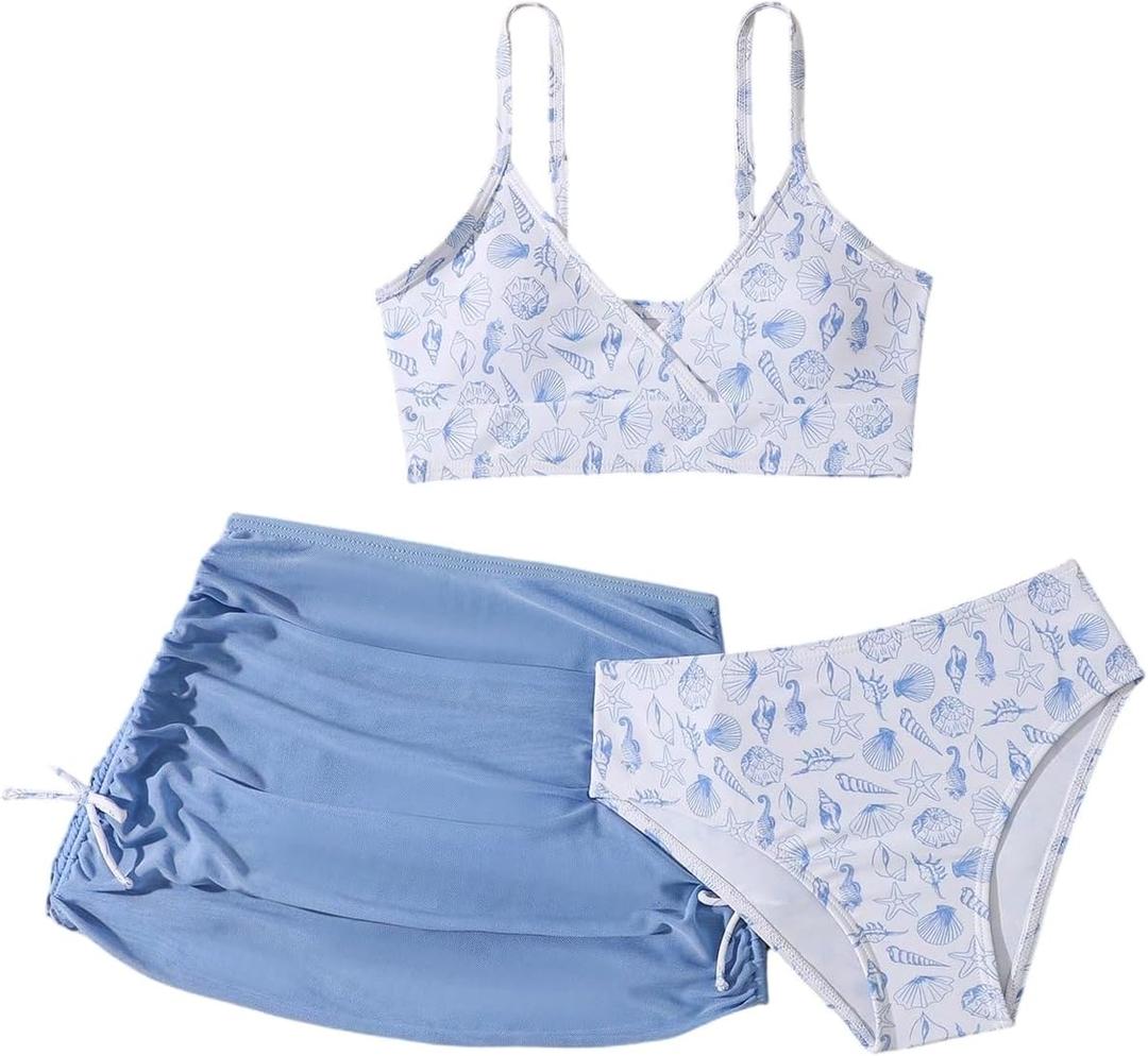 COZYEASE Girls' 3 Piece Set Floral Print Bikini Swimsuit with Drawstring Beach Skirt Cute Ruched Bathing Suit, 11Y