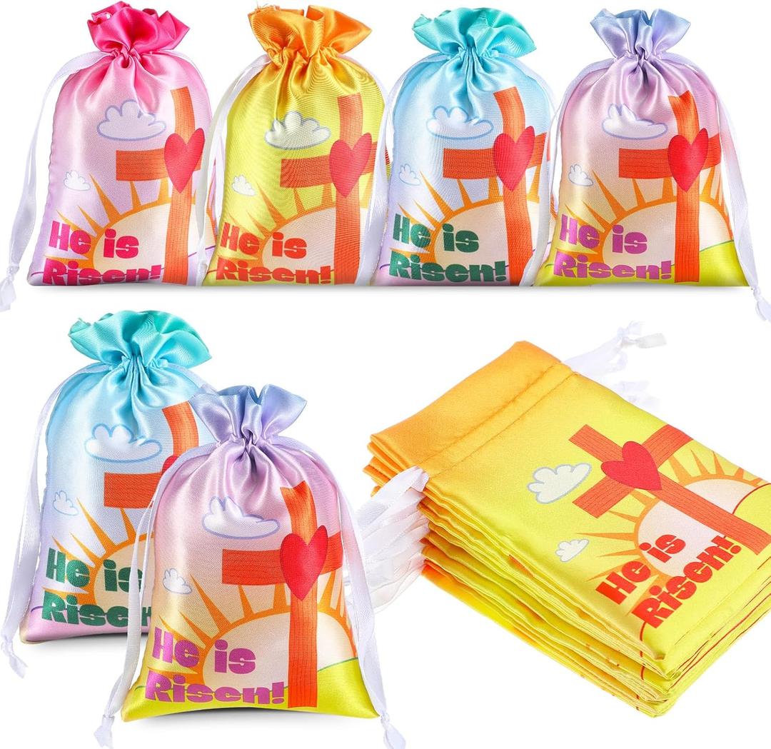 36 Pcs Religious Easter Gift Bag He Is Risen Treat Bags 4 x 6 Inch Satin Drawstring Bags Easter Christian Candy Goodie Bags for Church Sunday School Happy Easter Party Favor Bags Supplies