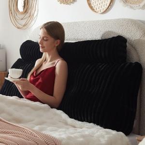 Headboard Pillow + A Long Neck Roll Pillow Body Pillow，Faux Fur Headboard Wedge Pillow with Removable Cover (Black, Full：54x8x20 inches)