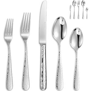 KEAWELL Premium 20/45/65 Piece Louise Hammered Silverware Set with Round Edge, 18/10 Stainless Steel, Service for 4/8/12, Fine Flatware Set, Dishwasher Safe (45)