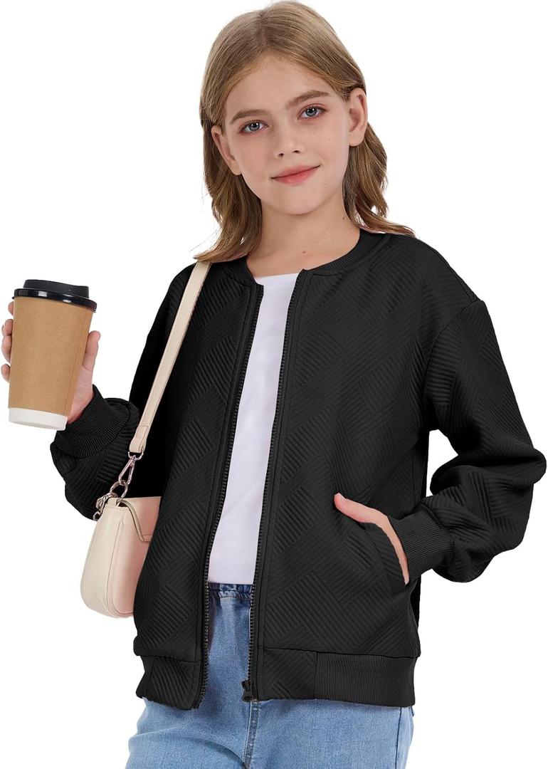 Girls Bomber Jackets Lightweight Zip Up Fashion Kids Cute Jacquard Coats Fall Varsity Outwear Clothes (Black, 13-14Y)