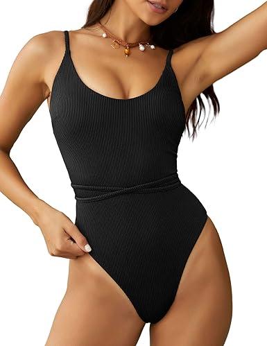 ZAFUL Women's One Piece Swimsuit Lace Up Tie Back Bathing Suits Ribbed Fully Lined Tummy Control Scoop Neck Padded Swimwear, M