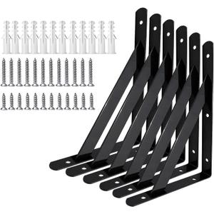 Heavy Duty Shelf Brackets Wall Mount Steel Bracket Wall Brackets for Shelves (Black, 10 x 6 Inch-3 Pairs)
