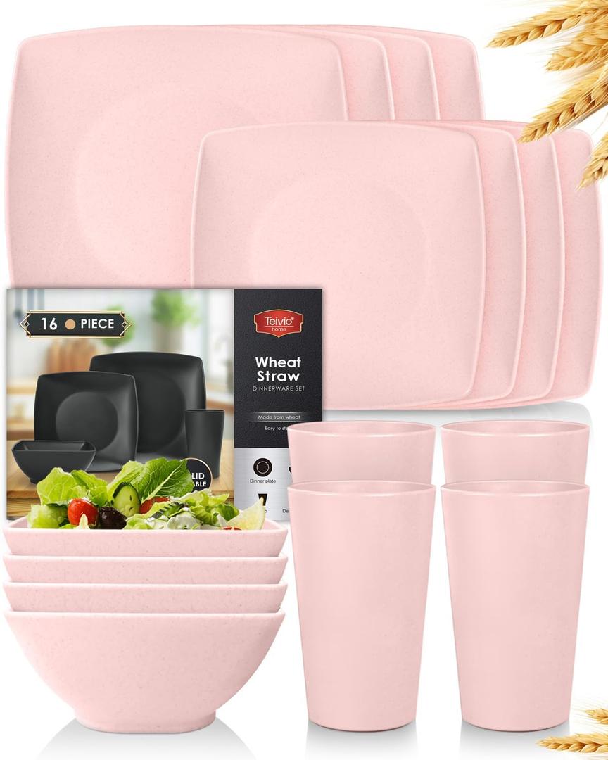 Teivio 16-piece Plastic Wheat Straw Square Dinnerware Set for 4, Unbreakable Dinner Plates, Salad Plates, Snack Bowls, Tumblers 20 oz, Dishwasher Safe, Pink