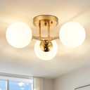 3 Lights Globe Mid Century Ceiling Light Modern Semi Flush Mount Ceiling Light Sputnik Chandeliers with Milk Glass Shade Gold Chandeliers for Living Room Dining Room Bedroom