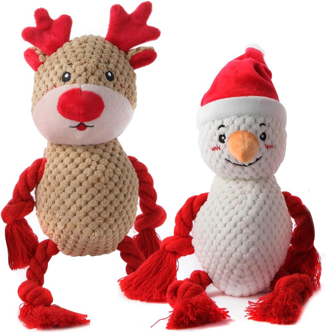 2 Pack Christmas Squeaky Plush Dog Toys for Small Medium Large Dogs, Durable and Indestructible Dog Toys,Stuffed Squeaky Toys for Dogs Puppy Toys Include Cute Snowman and Elk