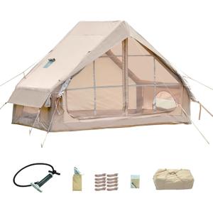 Inflatable Camping Tent with Hand Pump Waterproof Outdoor Blow up Tent 2-8 Person Oxford 4 Season Glamping Air Tent Cabin House with Mesh Windows & Door (9.74ft*6.46ft*6.56ft (3-4 person)(Beige))