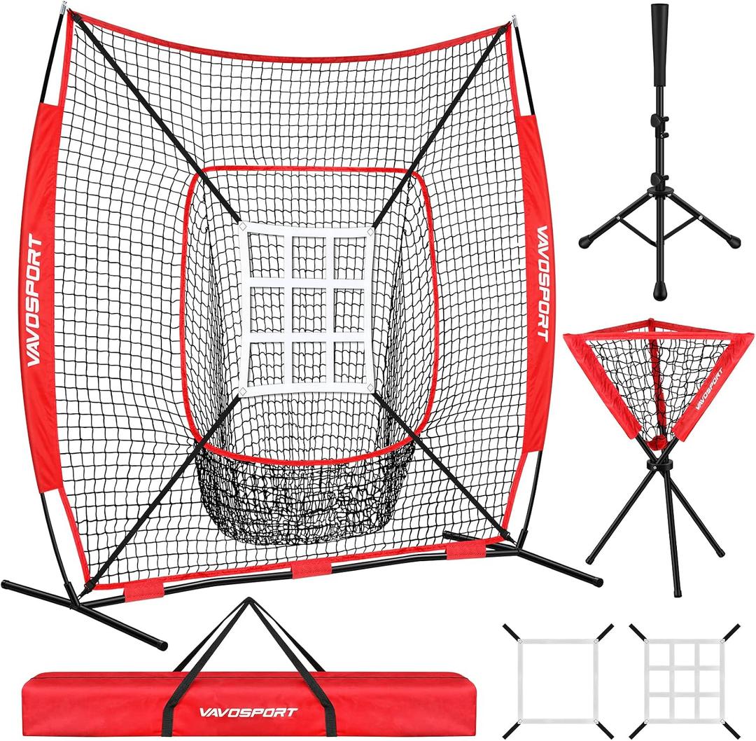 VAVOSPORT 7x7' Baseball Net Set - Portable Softball & Baseball Net, Batting Tee, Ball Caddy, Strike Zone, Training Equipment for Youth Practice