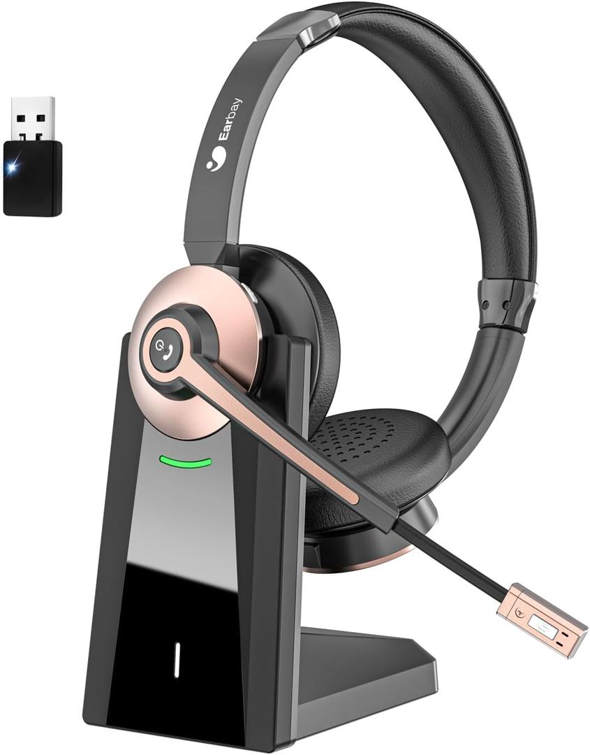 Wireless Headset with Microphone - Bluetooth Headset with Mic Noise Canceling & Mute, Wireless Headphones with USB Dongle/Charging Dock for Laptop Computer Phone Work Office Teams Conference Call (Gold)