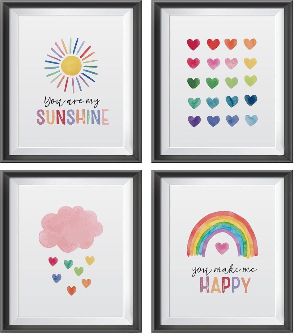 Inspirational Quote You Are My Sunshine Poster Prints for Home Girls Room Kids Room Nursery Classroom Decor,Boho Sun Rainbow Cloud Hearts Pattern Decorations Prints Wall Art Unframed 4pcs 8x10inches