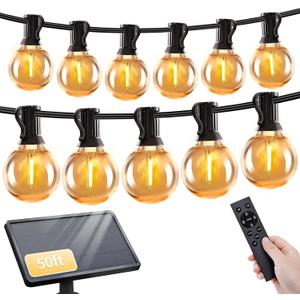 50ft Solar String Lights with Remote, 25+1 LED Bulbs Patio Lights Outdoor Waterproof, G40 Dimmable Deck Lights for Outside Garden Fence Backyard Decor