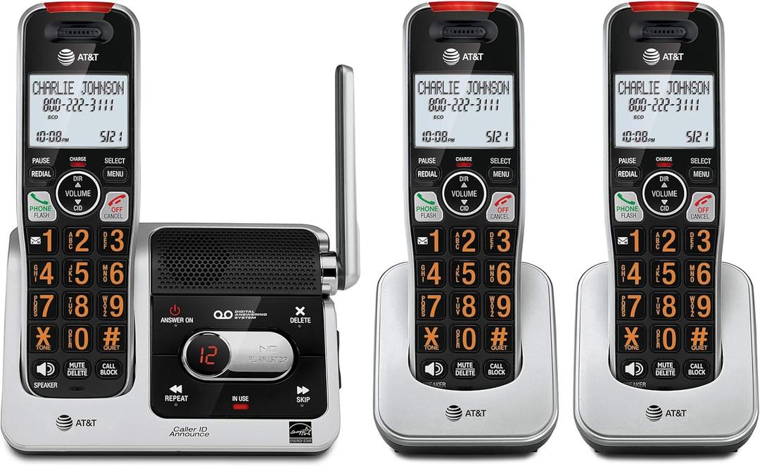 AT&T BL102-3 DECT 6.0 Wall Mount 3 Handsets Cordless Phone with Backlit Display, Black & Silver, 3 Count