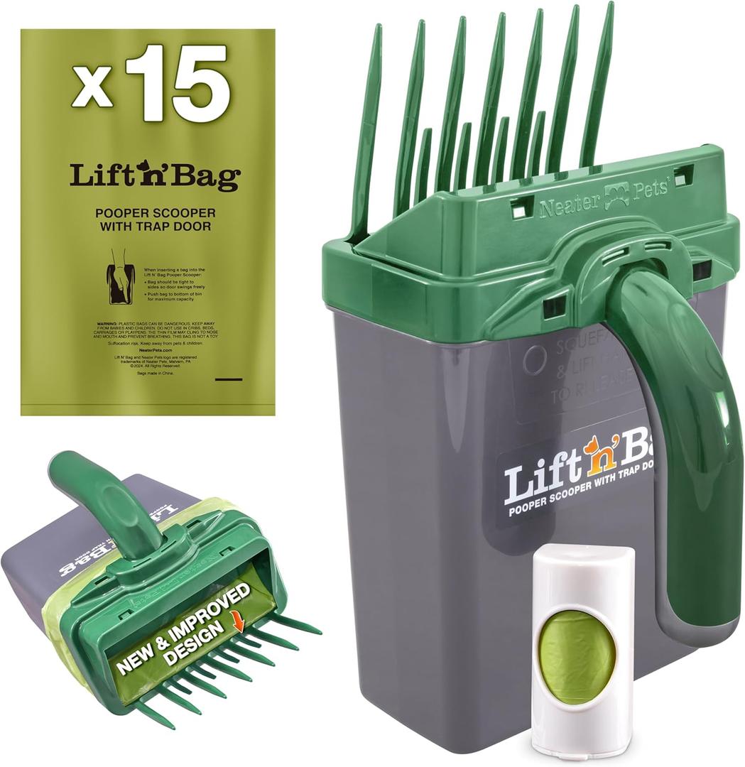 Neater Pet Brands Lift N Bag 2.0 Dog Pooper Scooper with Bag Attachment for Small to Large Dogs, New & Improved Design, 15 Refill Bags, Heavy Duty Dog Poop Scooper for Yard & Walks, One-Hand Use