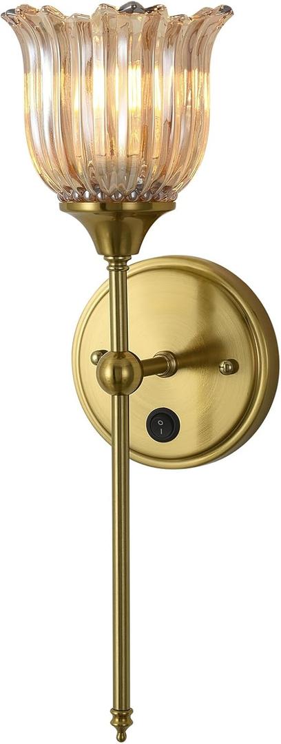 Modern Wall Sconces with Amber Flower Glass Shade 1 Pack, Mid Century Bathroom Vanity Wall Light Fixtures Gold Vintage Wall Lights with Switch for Mirror Bedroom Living Room