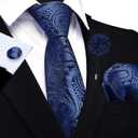 GUSLESON Paisley Tie Set for Men 3.15" Necktie Lapel Pin Hankerchief Cufflinks Set for Men (Blue)