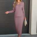 ANRABESS Women's 2 Piece Outfits Sweater Skirt Sets Casual Long Sleeve V Neck Ribbed Knit Tops Midi Dress 2025 Fall Fashion Light Purple Small (S)