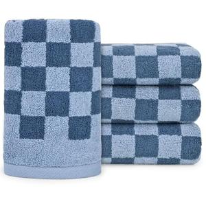 Jacquotha Bathroom Hand Towels Set of 4, Checkered Towels for Bathroom Face Hair Kitchen, Luxurious Cotton, Soft and Fluffy, 13x29 Inches, Blue, Men Women