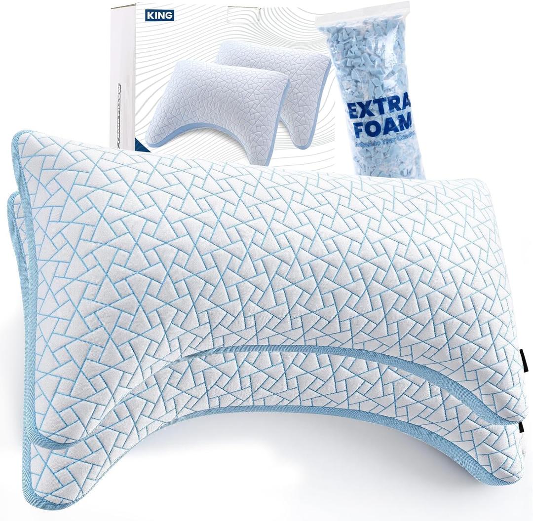 A-Pce Cooling Shredded Memory Foam Neck Support Pillow, King Size Set of 2 | Adjustable Firmness, Luxury Feel Pillows, Suitable for Side Back Stomach Sleepers, Ideal for Hot Sleepers, 48*91cm