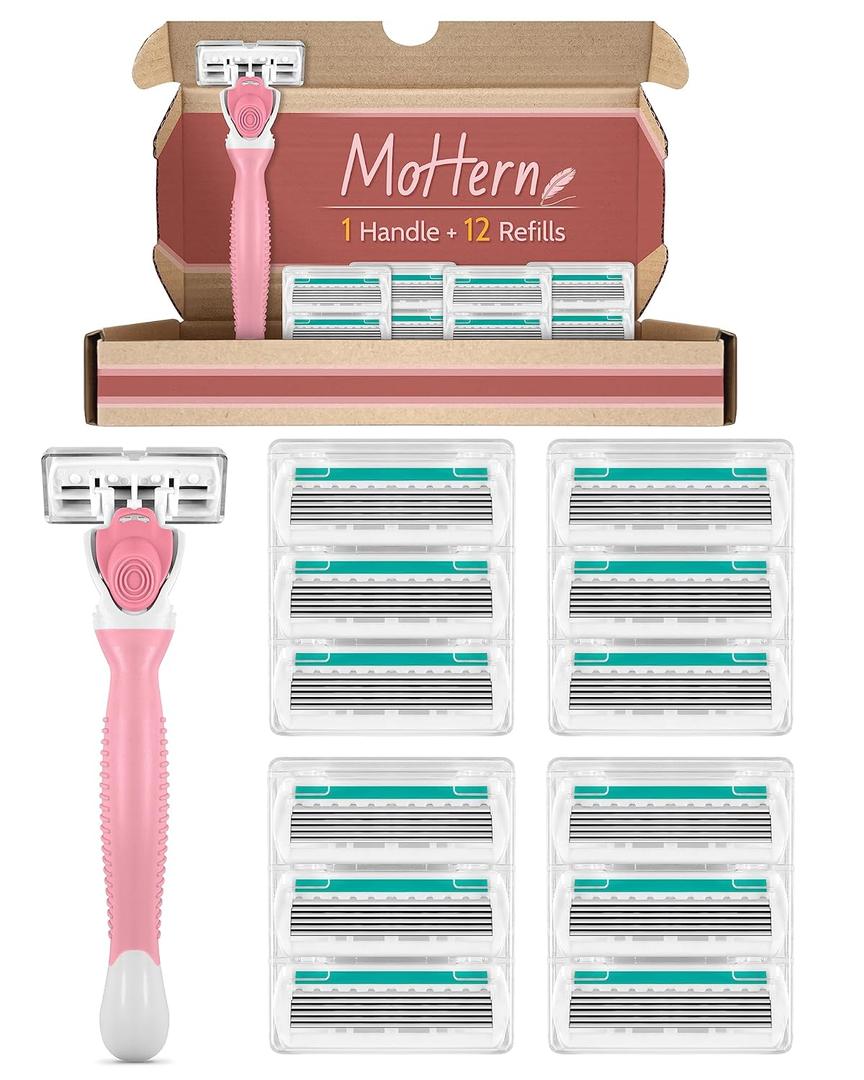 Razors for Women Sensitive Skin, 6 Blades Womens razors for Shaving, including 1 Travel Razor for Women with 12 Blade Refills (Pink)