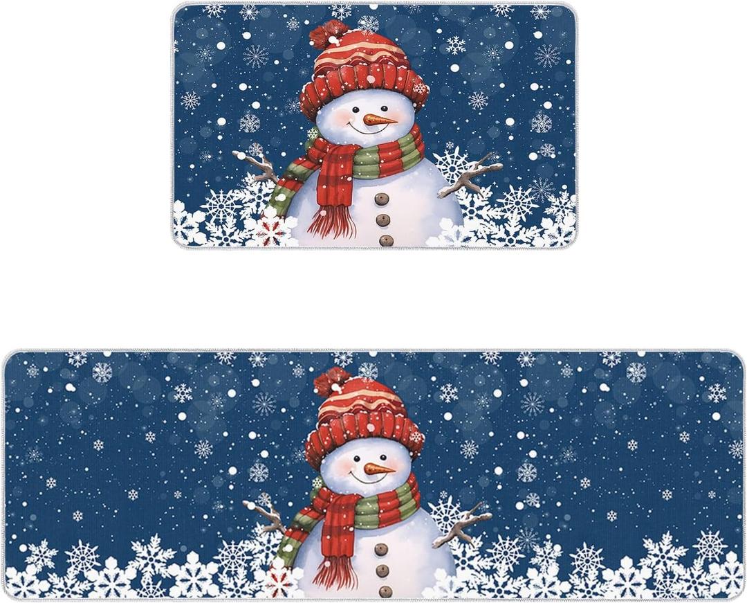 2 Piece Non-Slip Kitchen Mat Runner Rug Set Doormat Christmas Snowman with Cap Xmas Tree Snowflake Navy Blue Door Mats Rubber Backing Carpet Indoor Floor Mat (19.7" x 31.5"+19.7" x 63")