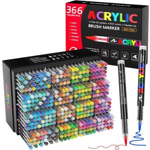 366 Colors Acrylic Paint Marker with Automatic Ink Control System | High Quality Ink, Quick Dry, No Bleed, High Opacity Brush Tip for Rock, Wood, Canvas, Glass, Ceramic DIY Art Crafts