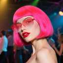 JoneTing Megenta Pink Bob Wig+Hair Cap+Sunglasses Neon Short Bob Wig Synthetic Party Wigs for Women Pink Funny Cosplay Wigs for Cosplay Halloween Party