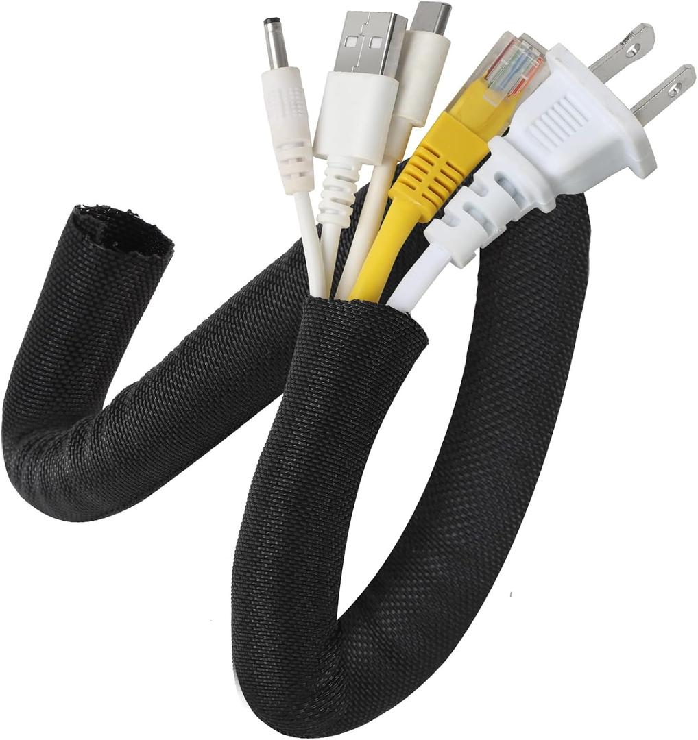 16FT Black Cable Sleeve Cover, 1/2 inch Cord Protector Wire Loom Tubing, Braided Cable Management Sleeve for TV, Computer, Home Theater, Engine Compartment Wire Protection - Prevention of Pet Chewing