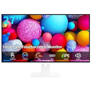 Pisichen Touchscreen Monitor 2K 27 Inch IPS Gaming 100Hz, 10-Point Touch QHD 2560x1440 PC Display, HDMI VGA USBC Computer Monitor, Built-in Speakers, White