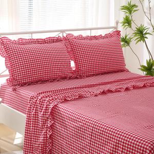 Red White Plaid Ruffle Sheets King Size 4-Piece Set, 300TC 100% Yarn Dyed Cotton Sheets Deep Pocket Farmhouse Gingham Decorative Bedding(Red/White Plaid,King)