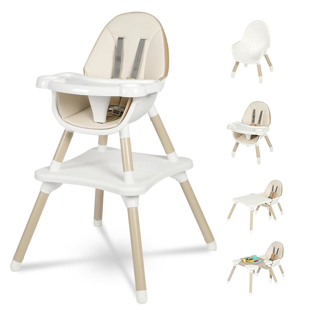 Gofirst 6 in 1 Baby High Chair,Convertible High Chairs for Babies and Toddlers/Booster Seat/Table and Chair Set,Babies Feeding Chair/5-Point Harness,4-Position Removable Tray&PU Cushion Baby Highchair (Beige)
