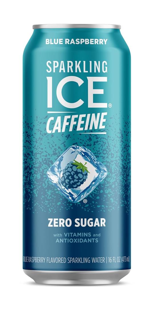 Sparkling Ice Caffeine, Blue Raspberry Sparkling Water with Caffeine, Zero Sugar, with Antioxidants and Vitamins,16 fl oz Can (EXP 02/14/27)