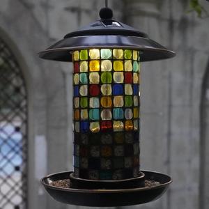 Solar Bird Feeder for Outdoor Hanging - Small Bird Seedes Feeder with Mosaic Stained Glass for Cardinals and Finches - Garden Decor Gift for Parents and Bird Lover (1.5lbs Capacity, Kaleido)