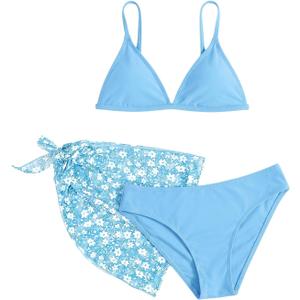 SHENHE Girl's 3 Piece Swimsuits Cute Spaghetti Strap Triangle Bikini with Ditsy Floral Cover Up Teen Bathing Suits (Blue, 9 Years)