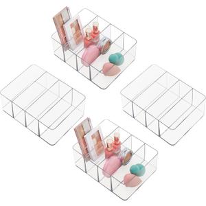 STORi 4-Compartment Clear Plastic Organizers (Set of 4) Rectangular Divided Makeup and Vanity Storage Bin, Use Upright for Eyeshadow Palettes, Made in USA