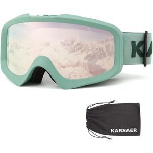Karsaer Ski Goggles Anti-Fog Snow Goggles OTG 100% UV Protection Snowboard Goggles Bendable Dual-Lenses for Men Women Youth (Dark Green Framed Rose Gold Lenses)