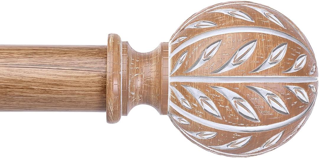 Boho Curtain Rod 36-153 Inch, Decorative Wood Curtain Rods for Windows with Faux Wood Grain Leaf Finials, 1 Inch Adjustable Heavy Duty Extra Long Vintage Rustic Window Treatment Rods